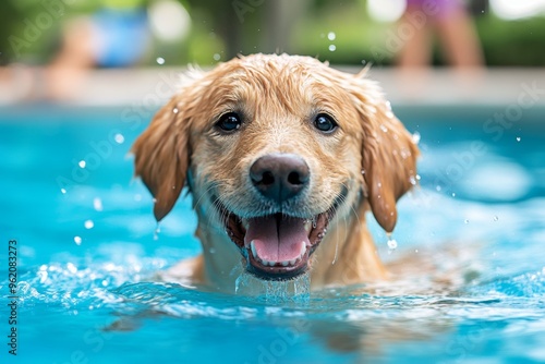 Children and pet, learning to swim, splashing in the pool as the pet paddles alongside the child, both enjoying the water together photo