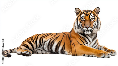 Full body tiger front view portrait lying down isolated on white photo