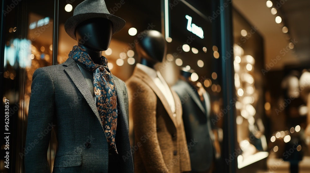 Stylish Mannequins in Window Display Wearing Elegant Suits and Accessories Stylish Mannequins in Window Display Wearing Elegant Suits and Accessories