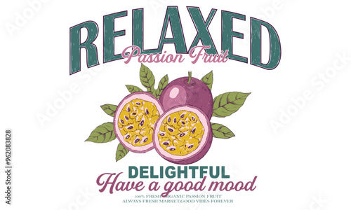 Fresh Passion fruit vintage t-shirt design. Organic fruit farm. Passion fruit club print design. Organic artwork for t shirt print, poster, sticker and other uses. Tropical haven.