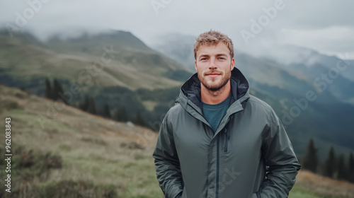 A young man stands confidently in the mountains, surrounded by lush greenery and misty peaks, embodying the spirit of adventure and connection with nature