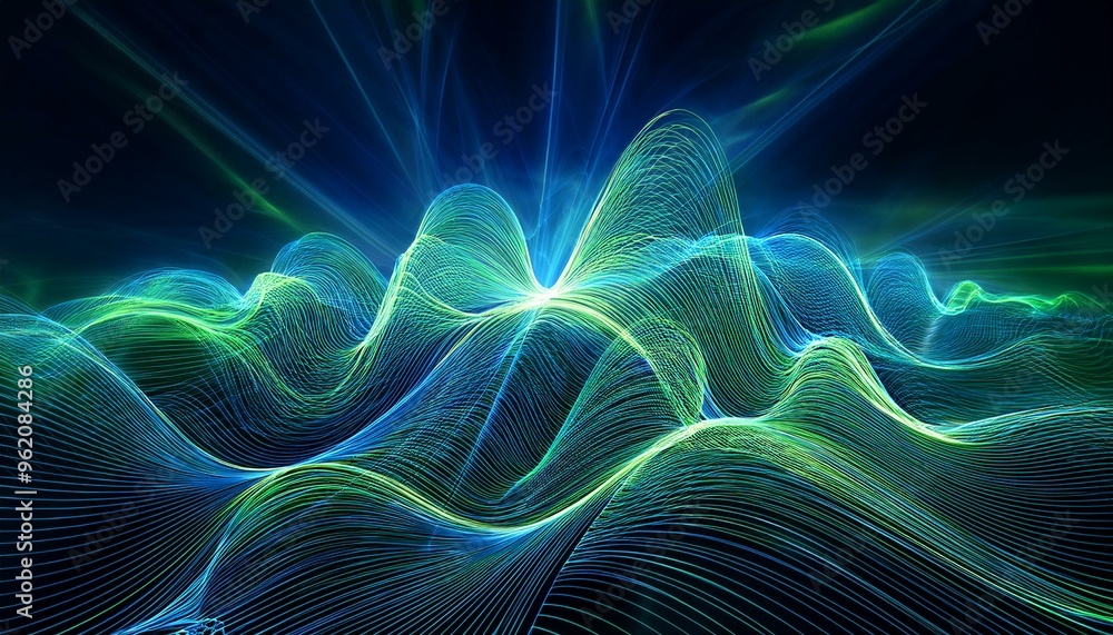 Incorporate luminescent green and blue hues, portraying intricate sonar waves linking dark, mysterious nodes in a digital 3D art piece evoking underwater exploration Incorporate luminescent green and blue hues, portraying intricate sonar waves linking dark, mysterious nodes in a digital 3D art piece evoking underwater exploration