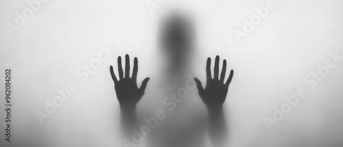 The blurry silhouette of the person's hands and face behind foggy glass, creating an eerie atmosphere. The background is blurred to emphasize their presence.