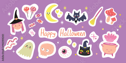 Hello Halloween stikers, cute Halloween elements set. Pumpkins, scary black cat, skull, witch, ghost. Vector illustration in flat style