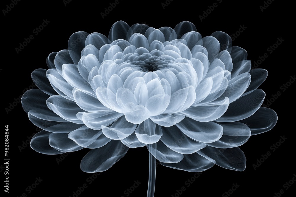 White chrysanthemum flower on a black background, X-ray photography, digital art, white and gray color palette, solid black background White chrysanthemum flower on a black background, X-ray photography, digital art, white and gray color palette, solid black background