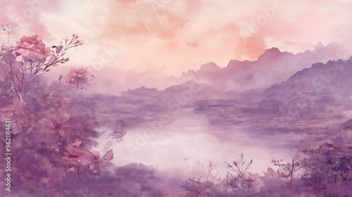 A painting of a serene landscape with a body of water and cherry blossoms