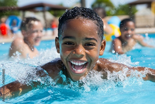 Children in the pool, making waves, endless energy churn up the water as they swim, dive, and splash in every direction photo