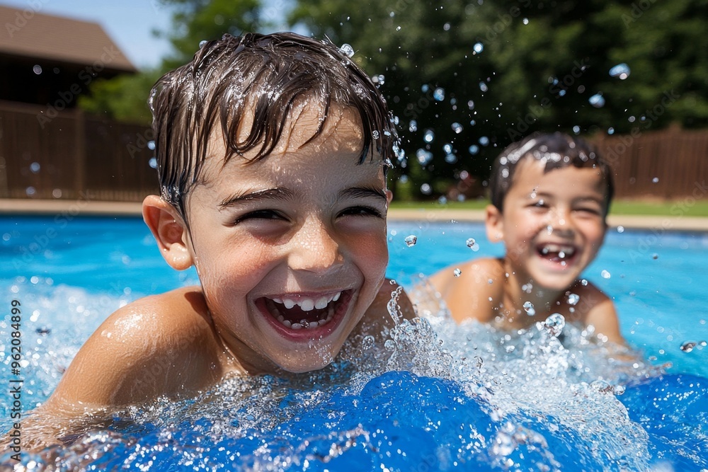 Children in the pool, summer fun, carefree days enjoy the freedom of long summer afternoons spent splashing in the sun Children in the pool, summer fun, carefree days enjoy the freedom of long summer afternoons spent splashing in the sun