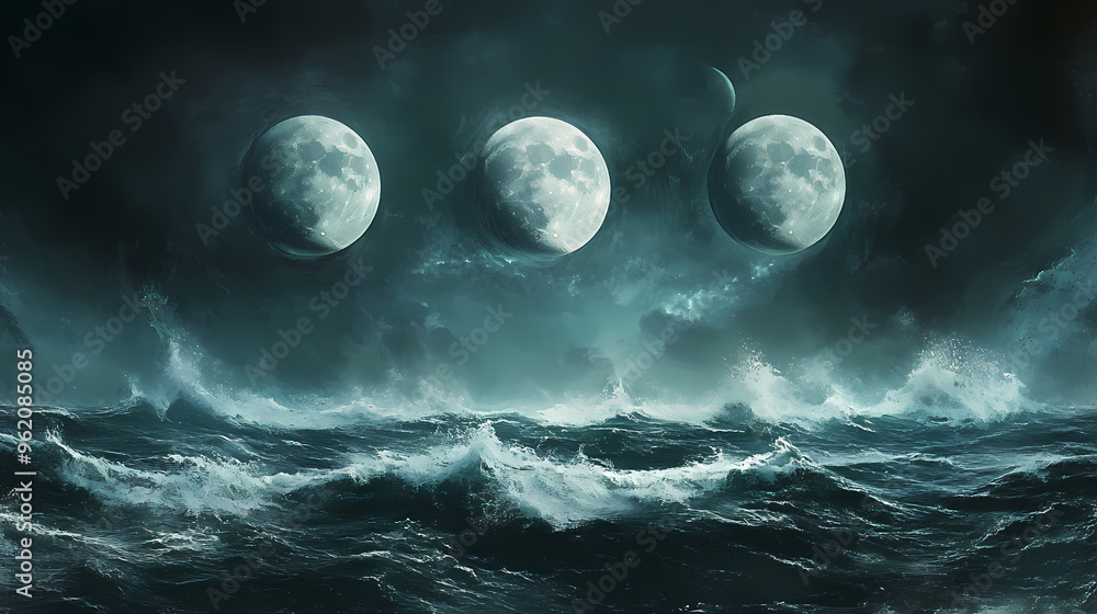 Fototapeta premium Three moons overlooking stormy sea. Stormy Sea. Illustration