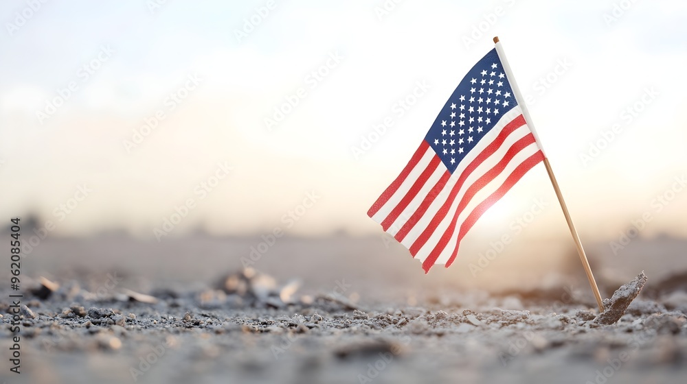 Naklejka premium United We Stand The Resilient American Flag at Ground Zero - A Symbol of Hope Amidst the Light and Debris After Tragedy