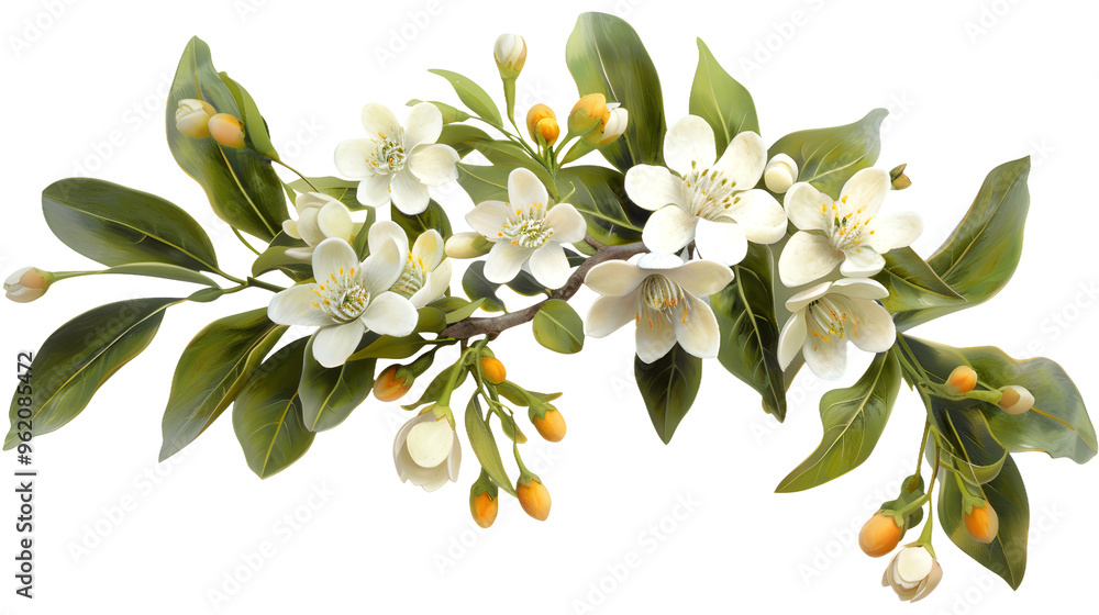 Fragrant Neroli Blossom on Orange Tree Branch - Fresh Citrus Bloom with White Flowers in Garden Fragrant Neroli Blossom on Orange Tree Branch - Fresh Citrus Bloom with White Flowers in Garden