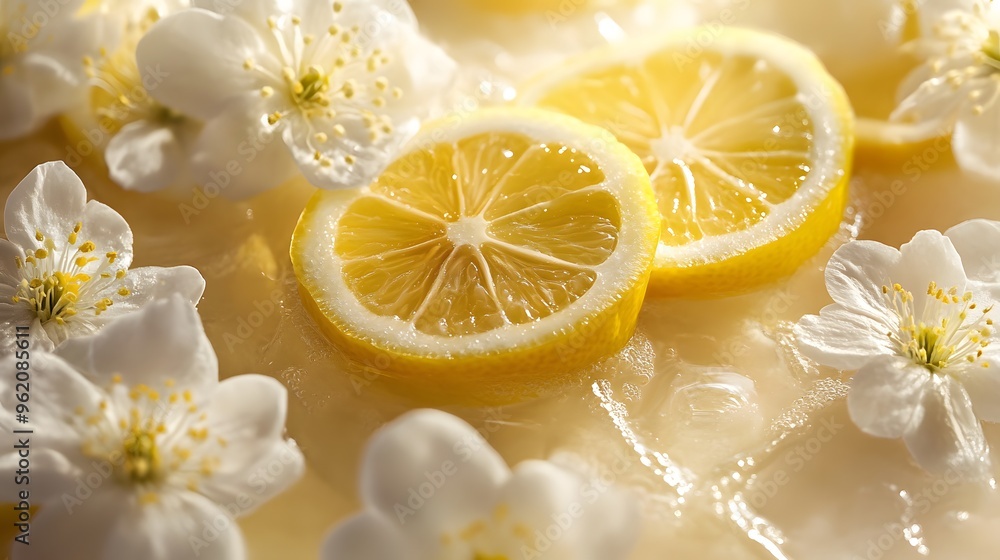 Fresh Lemon Slices with White Flowers in Water Fresh Lemon Slices with White Flowers in Water