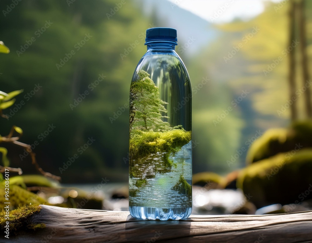 Produce a photorealistic image of a biodegradable water bottle made from renewable plastics, showcasing its eco-friendly properties Produce a photorealistic image of a biodegradable water bottle made from renewable plastics, showcasing its eco-friendly properties