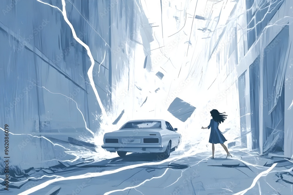 Fototapeta premium A car on a brightly lit street flashes unnaturally