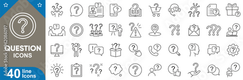 Question icons set. Problem, help, inquiry, FAQ, assistance, confusion, uncertainty, support, solving and more. vector illustrator.