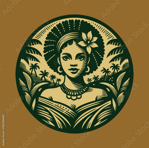 Beautiful young Caribbean woman in ethnic clothing portrait. Vintage retro engraving vector emblem, print, illustration