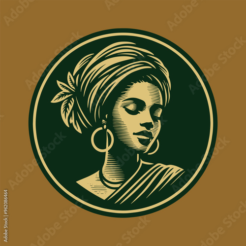 Beautiful young Caribbean woman in ethnic clothing portrait. Vintage retro engraving vector emblem, print, illustration