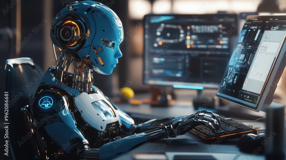 Futuristic blue and multi-colored robotic assistant on a high-tech desk with advanced gadgets Futuristic blue and multi-colored robotic assistant on a high-tech desk with advanced gadgets