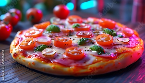 Innovative delicious pizza, cool neon signage shines brilliantly.