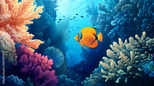 Fototapeta Naklejka Na Ścianę i Meble -  Underwater image of coral reef and masked butterfly fish. Coral Reef. Illustration