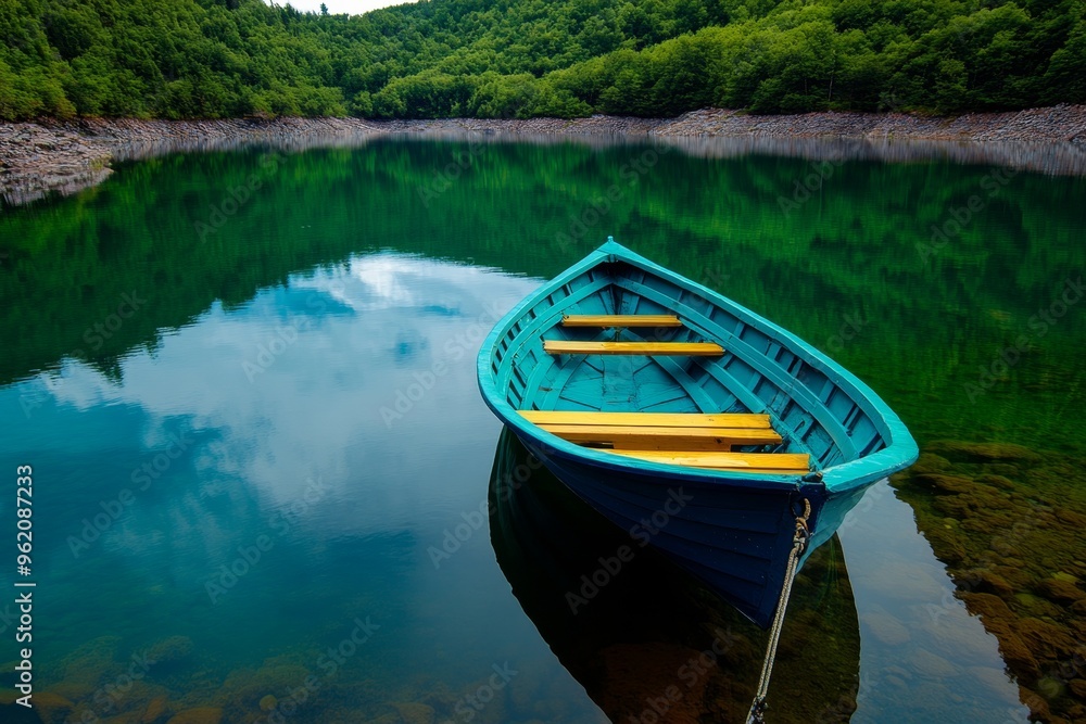 Fishing boat, anchored in the lake, steady and sure creates a stable platform for casting lines into the deep water below Fishing boat, anchored in the lake, steady and sure creates a stable platform for casting lines into the deep water below