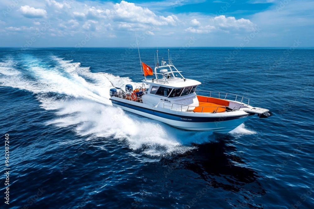 Naklejka premium Fishing boat, open sea, adventure on the waves promises an exciting day of deep-sea fishing with endless possibilities