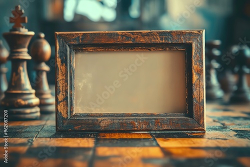 A rustic wooden frame sits on a chessboard, with chess pieces blurred in the background. photo