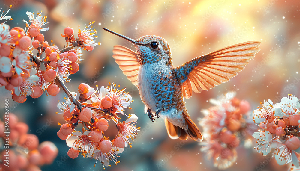 Fototapeta premium Hummingbird flying over flower branch in vibrant colors generated by AI