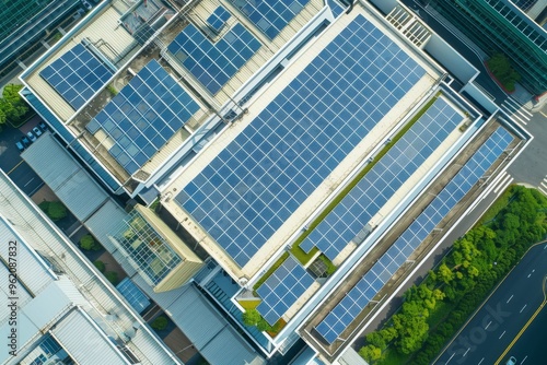 An aerial perspective of a building with a large solar panel installation on the roof, surrounded by lush greenery.