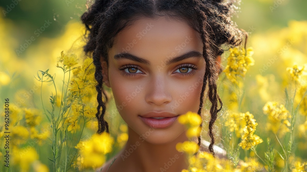 Beautiful Young Woman with Dreadlocks in a Field of Yellow Flowers Beautiful Young Woman with Dreadlocks in a Field of Yellow Flowers