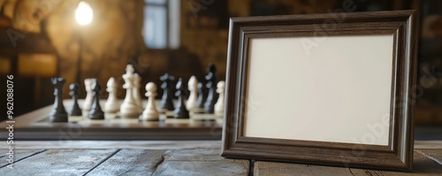 Blank frame with chess pieces in the background. photo