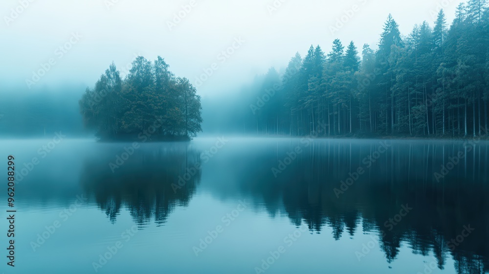 A tranquil river winding through a misty forest, with still waters reflecting the towering trees along its banks A tranquil river winding through a misty forest, with still waters reflecting the towering trees along its banks
