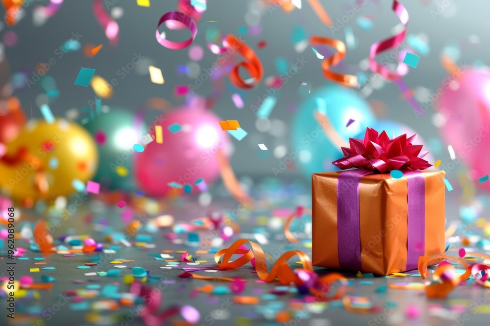 A festive scene featuring a gift box wrapped in orange and purple paper with a vibrant pink bow, surrounded by colorful confetti and deflated balloons. A festive scene featuring a gift box wrapped in orange and purple paper with a vibrant pink bow, surrounded by colorful confetti and deflated balloons.