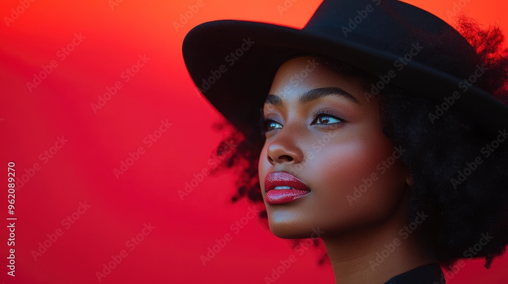 Young Woman in Black Hat Against Red Background Young Woman in Black Hat Against Red Background