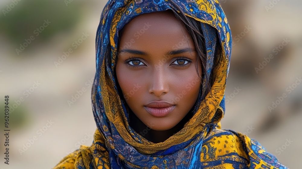 Close-up portrait of a beautiful African woman in a headscarf Close-up portrait of a beautiful African woman in a headscarf