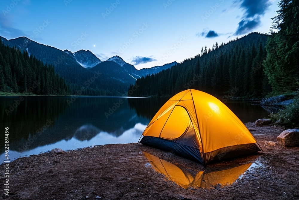 Hiking through the woods, reaching the lake, tent under the stars rewards your journey with a perfect camping spot by the water Hiking through the woods, reaching the lake, tent under the stars rewards your journey with a perfect camping spot by the water