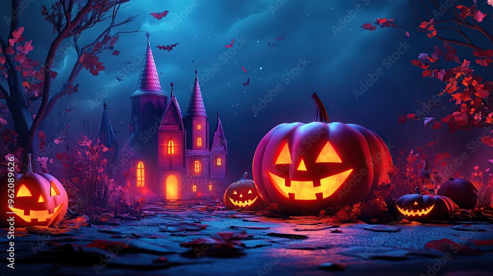 Spooky Halloween night with haunted castle and jack-o-lanterns Spooky Halloween night with haunted castle and jack-o-lanterns