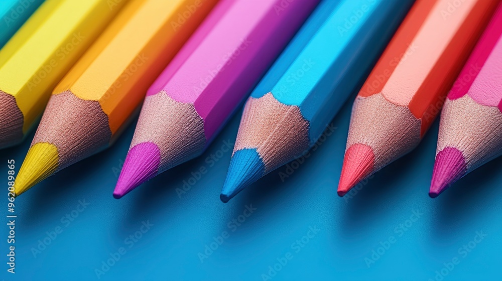 Close-up of Colorful Pencils on Blue Background Close-up of Colorful Pencils on Blue Background