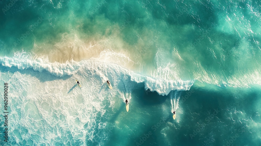 Fototapeta premium Aerial View of Ocean Waves with Surfers Riding