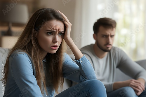 A young woman looks worried and distressed, holding her head in her hand as she sits with a man in the background. photo