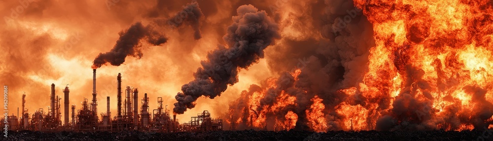 A dramatic image of industrial smoke and flames against a fiery sky, highlighting environmental concerns and industrial activity. A dramatic image of industrial smoke and flames against a fiery sky, highlighting environmental concerns and industrial activity.