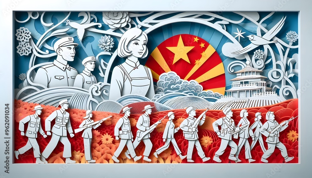 Fototapeta premium A stylized paper-cut scene representing the unity of workers, farmers, and soldiers during the 1949 proclamation, symbolizing the National Day of the People's Republic of China on October 1st.