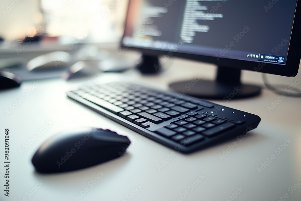 Workspace with computer monitor, keyboard, and mouse Workspace with computer monitor, keyboard, and mouse