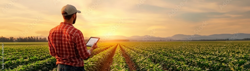A farmer using a tablet in a sunlit field, showcasing modern agriculture and technology in farming practices. A farmer using a tablet in a sunlit field, showcasing modern agriculture and technology in farming practices.