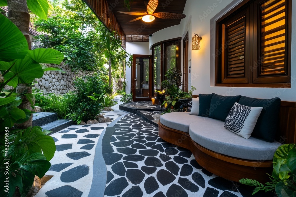 Fototapeta premium Hotel room, garden terrace, natureâ€™s tranquility gives you access to a private garden space for peaceful moments surrounded by greenery