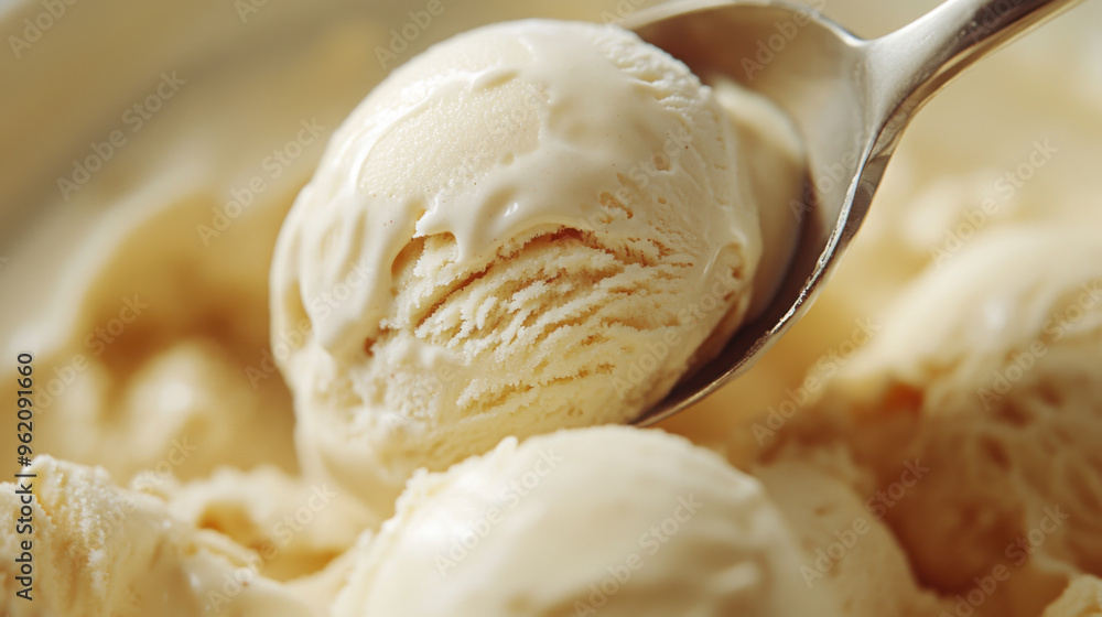 A close-up of a spoon dipping into a scoop of creamy, rich ice cream A close-up of a spoon dipping into a scoop of creamy, rich ice cream