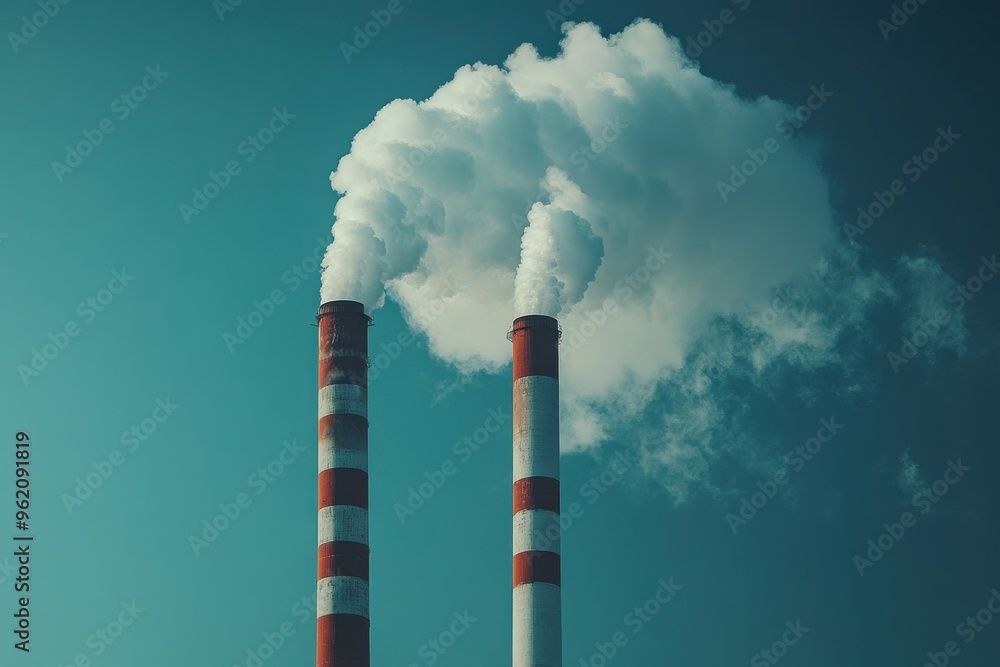 Industrial smokestacks emitting white smoke against blue sky Industrial smokestacks emitting white smoke against blue sky