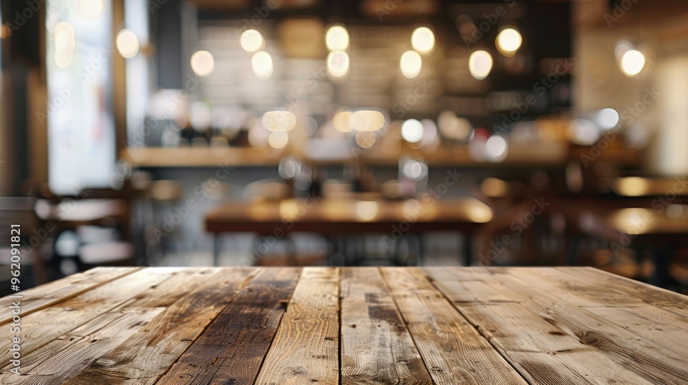 Wooden table with blurred cafe background for product display. Wooden table with blurred cafe background for product display.