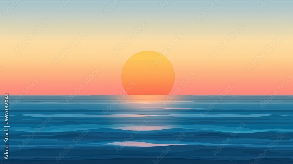Sunset over calm ocean waters, flat design illustration Sunset over calm ocean waters, flat design illustration