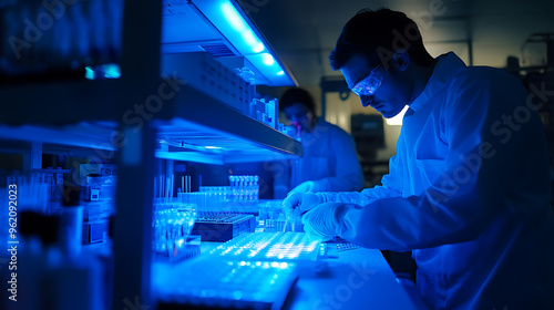 Scientists working in modern blue-lit laboratory 